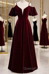 Beautiful Wine Red Velvet Off Shoulder Floor Length Party Dress, Velvet Junior Evening Prom Dress