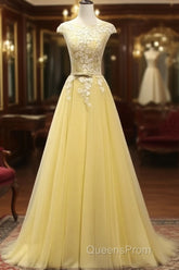 Beautiful Yellow Long Evening Prom Dress, A-Line Round Neckline Formal Dress