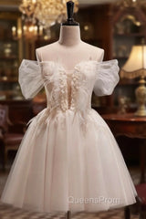 Beige Tulle Off the Shoulder Sequins Homecoming Dress