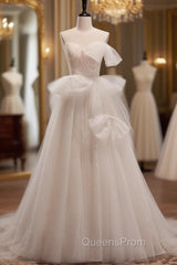 Beige Tulle Sequins Pleats Wedding Dress