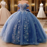 Big Bow Floral Flower Lace Applique Off Shoulder Ball Gown Quinceanera Dress