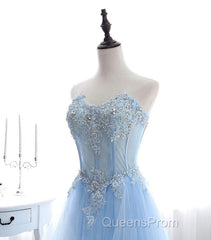 Light Blue Tulle Lace Long Evening Prom Dress, Formal Dress