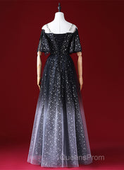 Black A-Line Gradient Tulle Short Sleeves Evening Prom Dress, Black Long Evening Dress