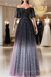 Black A-Line Gradient Tulle Short Sleeves Evening Prom Dress, Black Long Evening Dress