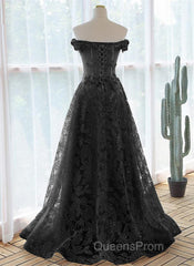 Black A-Line Lace Off Shoulder Tulle With Lace Evening Prom Dress, Black Long Evening Dress