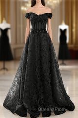 Black A-Line Lace Off Shoulder Tulle With Lace Evening Prom Dress, Black Long Evening Dress
