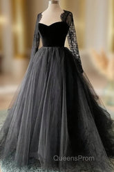 Black A-line Long Lace Sleeves Tulle Evening Dress, Black Evening Prom Dress Party Dress