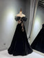 Black A-Line Off Shoulder Tulle Velvet Long Classy Prom Dress,Sequin Classy Evening Dress