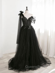 Black A line one Shoulder Tulle Long Evening Prom Dress, Black Tulle Evening Dress