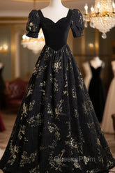 Black A-line Short Sleeves Sweetheart Floral Long PartY Dress, Black Evening Prom Dress