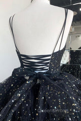 Black A-Line Tulle High Low Evening Prom Dress, V-Neck Evening Party Dress