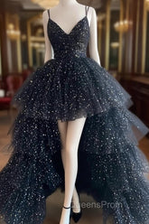 Black A-Line Tulle High Low Evening Prom Dress, V-Neck Evening Party Dress