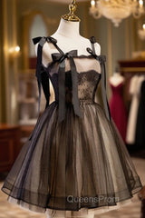 Black A-Line Tulle Lace Short Evening Prom Dress, Black Lace Homecoming Dress