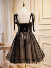 Black A-Line Tulle Lace Short Evening Prom Dress, Black Lace Homecoming Dress