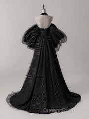 Black A- Line Tulle Long Evening Prom Dress, Black Long Formal Dress