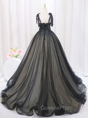 Black A-Line Tulle Long Evening Prom Dress, Black Tulle Evening Dress