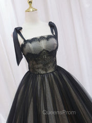 Black A-Line Tulle Long Evening Prom Dress, Black Tulle Evening Dress