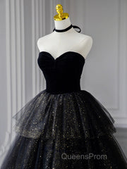 Black A-Line Tulle Shiny Tulle Long Evening Prom Dress, Black Tulle Formal Dress