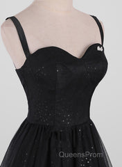 Black A-Line Tulle Straps Simple Long Evening Prom Dress, Black Evening Dress Party Dress