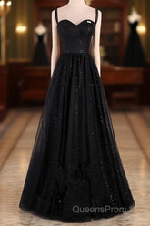 Black A-Line Tulle Straps Simple Long Evening Prom Dress, Black Evening Dress Party Dress