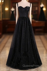 Black A-Line Tulle Straps Simple Long Evening Prom Dress, Black Evening Dress Party Dress