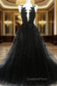 Black A-line Tulle with Lace Long Party Dress, Black Evening Dress Evening Prom Dress