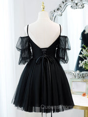 Black A line V Neck Lace Short/Mini Evening Prom Dress, Black Puffy Homecoming Dress