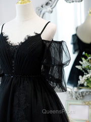 Black A line V Neck Lace Short/Mini Evening Prom Dress, Black Puffy Homecoming Dress