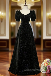 Black A-line Velvet Long Evening Prom Dress Party Dress, Black Short Sleeves Evening Prom Dress