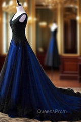 Black and Blue V-neckline Lace Applique Long Evening Dress, Black and Blue Evening Prom Dress