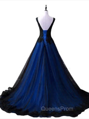 Black and Blue V-neckline Lace Applique Long Evening Dress, Black and Blue Evening Prom Dress