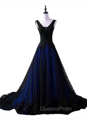 Black and Blue V-neckline Lace Applique Long Evening Dress, Black and Blue Evening Prom Dress