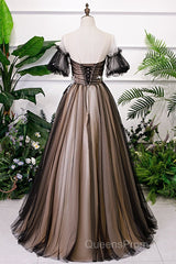 Black And Champagne Short Sleeves Tulle With Lace Party Dress, A-Line Floor Length Evening Prom Dress