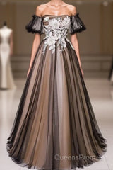 Black And Champagne Short Sleeves Tulle With Lace Party Dress, A-Line Floor Length Evening Prom Dress