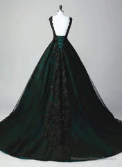 Black and Green Tulle with Lace Long Party Dress, A-line Low Back Evening Dress
