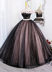 Black And Pink Tulle With Flowers Off Shoulder Party Dress, Tulle Sweet 16 Dress