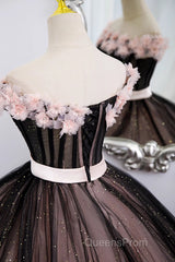 Black And Pink Tulle With Flowers Off Shoulder Party Dress, Tulle Sweet 16 Dress