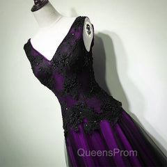 Black and Purple V-neckline A-line Evening Prom Dress, Tulle with Lace Party Dress