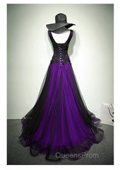 Black and Purple V-neckline A-line Evening Prom Dress, Tulle with Lace Party Dress