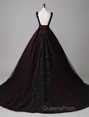 Black And Red Backless Tulle Long Formal Gown, Black And Red Long Evening Prom Dress