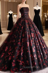 Black and Red Floral Tulle Long Party Dress, Strapless Evening Sweet 16 Dress