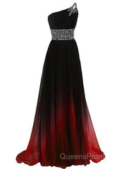 Black And Red Gradient Chiffon One Shoulder Beaded Party Dress, Cute Junior Evening Prom Dress