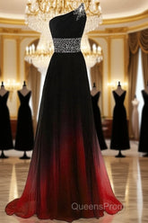 Black And Red Gradient Chiffon One Shoulder Beaded Party Dress, Cute Junior Evening Prom Dress