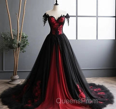 Black And Red Lace Tulle Off Shoulder Evening Prom Dress, Black And Red Formal Dress