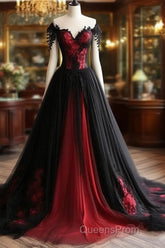 Black And Red Lace Tulle Off Shoulder Evening Prom Dress, Black And Red Formal Dress