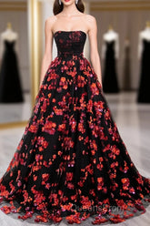 Black and Red Off Shoulder Floral Tulle Evening Dress, Floor Length Party Dress