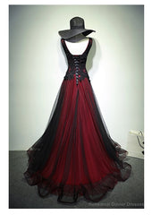 Black and Red Tulle V-neckline Beaded Lace Long Party Dress,A-line Formal Evening Dresses