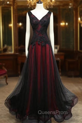 Black and Tulle V-neckline Beaded Lace Long Party Dress, A-line Evening Prom Dress Evening Dress