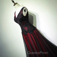 Black And Tulle V-Neckline Beaded Lace Long Party Dress, A-Line Evening Prom Dress Evening Dresss