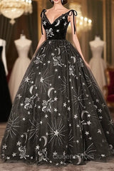 Black Ball Gown Floral V-neckline Straps Sweet 16 Dress, Black Tulle Evening Dress